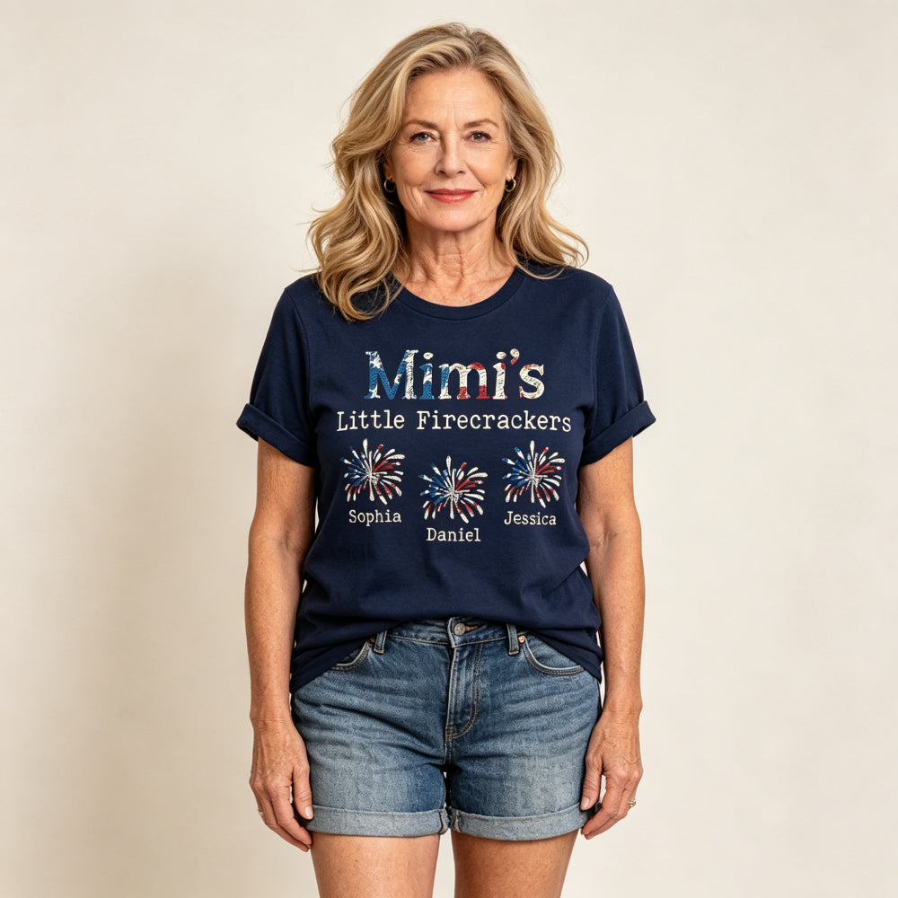 Personalized Mimi‘s Little Firecrackers T-Shirt – Custom Patriotic Family Tee with Kids’ Names, 4th of July Grandma Gift for Women
