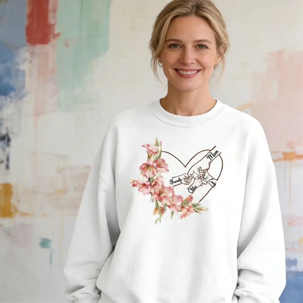 Personalized Mom and Kids Hands Heart Birth Flower Multicolor Sweatshirt Hoodie with Names Mother's Day Memorial Day Gift for Mom Grandma