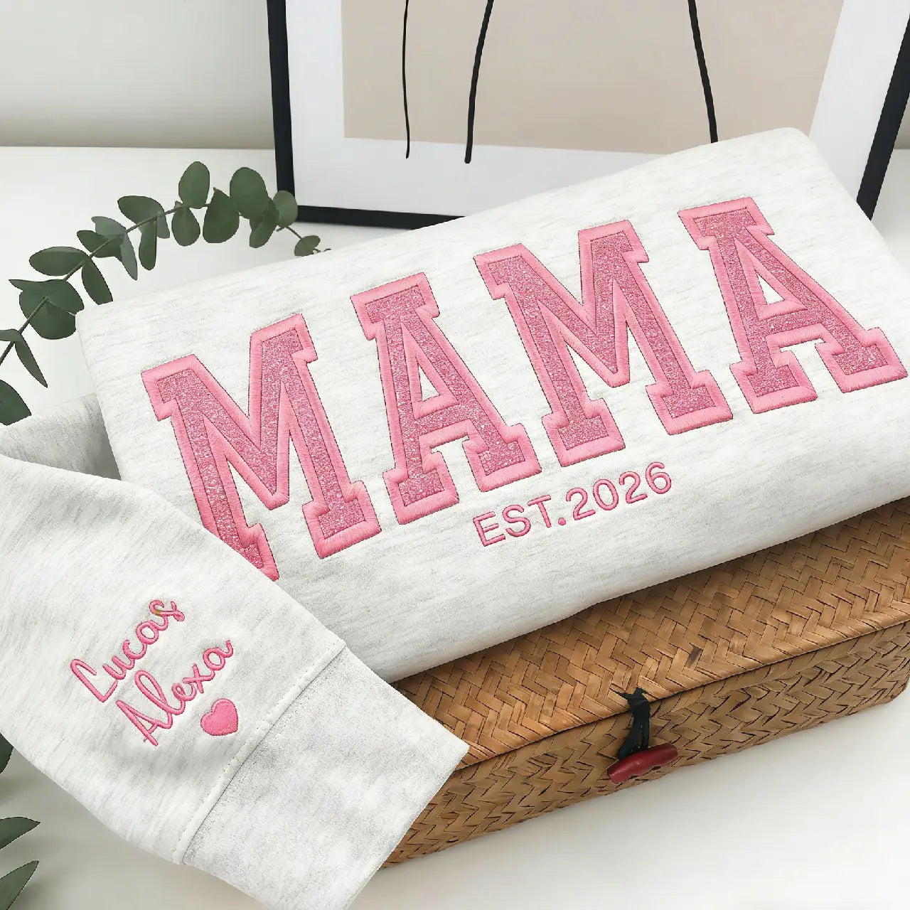Personalized Embroidered MAMA Sweatshirt - Custom EST Date & Kids Names on Sleeve, Pink Embroidery Mom Shirt