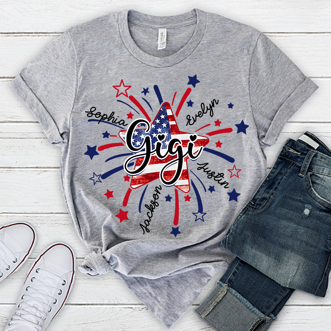 Personalized 4th of July Grandma T-Shirt – American Flag Star Firework Tee with Grandkids’ Names, Patriotic Gift for Grandma