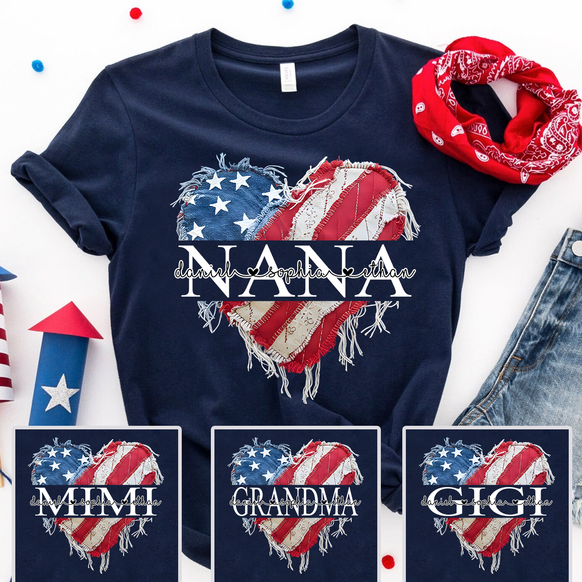 Personalized Nana Patriotic Heart T-Shirt – Custom Grandkids’ Names Tee, American Flag Fringe Heart Design, 4th of July Gift for Grandma
