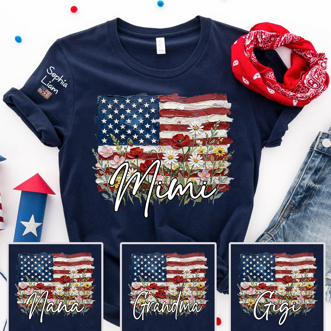 Personalized American Flag Floral Grandma T-Shirt – Custom Grandkids’ Names Sleeve Tee, Patriotic 4th of July Gift for Grandma