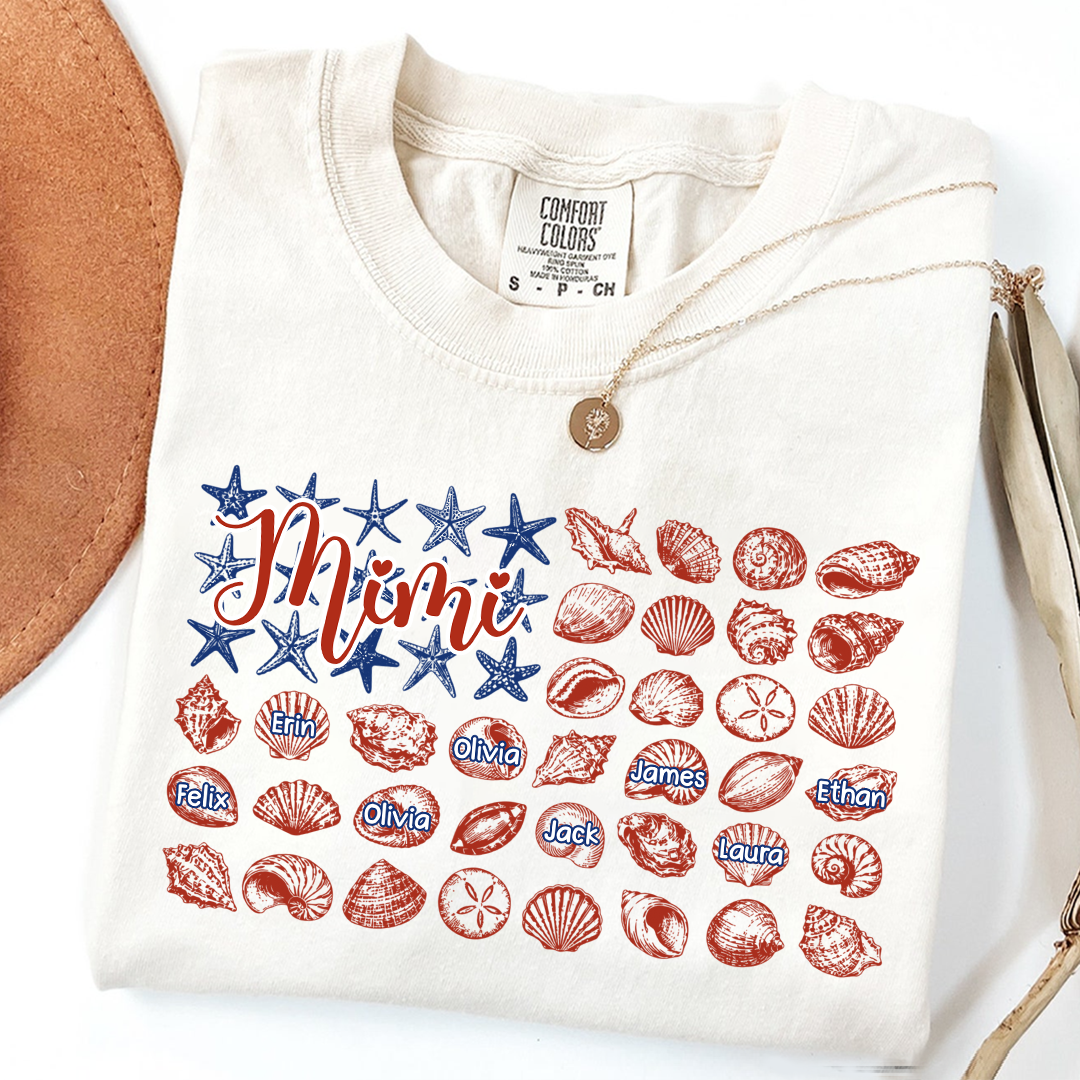 Custom Mimi Beach Shells T-Shirt – Personalized Grandma Tee with Kids‘ Names, Summer Family Vacation Gift for Grandmother