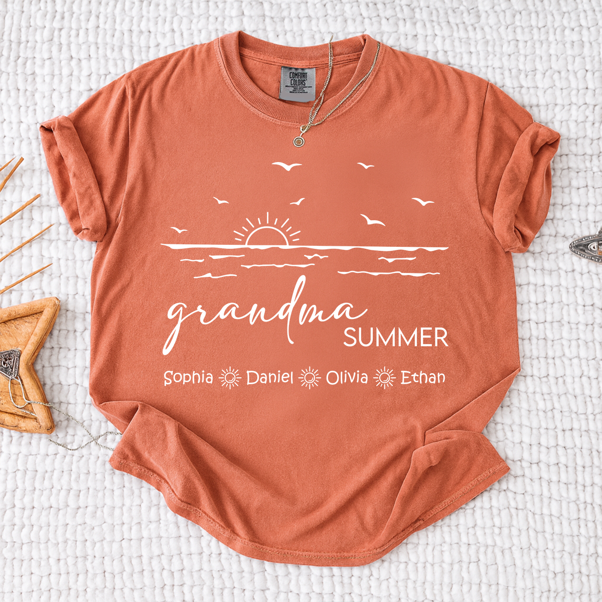 Custom Name Grandma Summer Beach T-Shirt – Ocean Inspired Vacation Tee with Grandkids Names, Personalized Grandma Apparel for Women