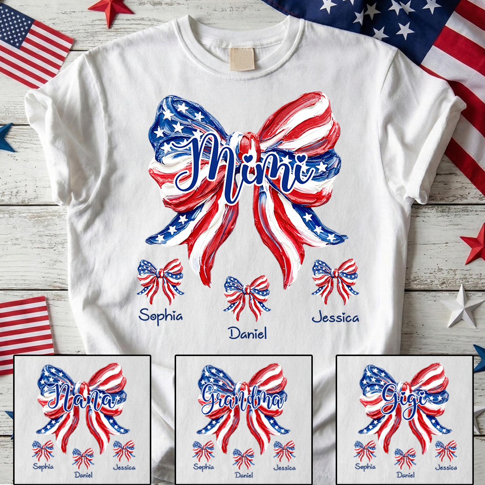 Custom Hand Drawn USA Flag Bow Mimi T-Shirt – Personalized Grandkids Mini Bow Names 4th of July Grandma Patriotic Tee