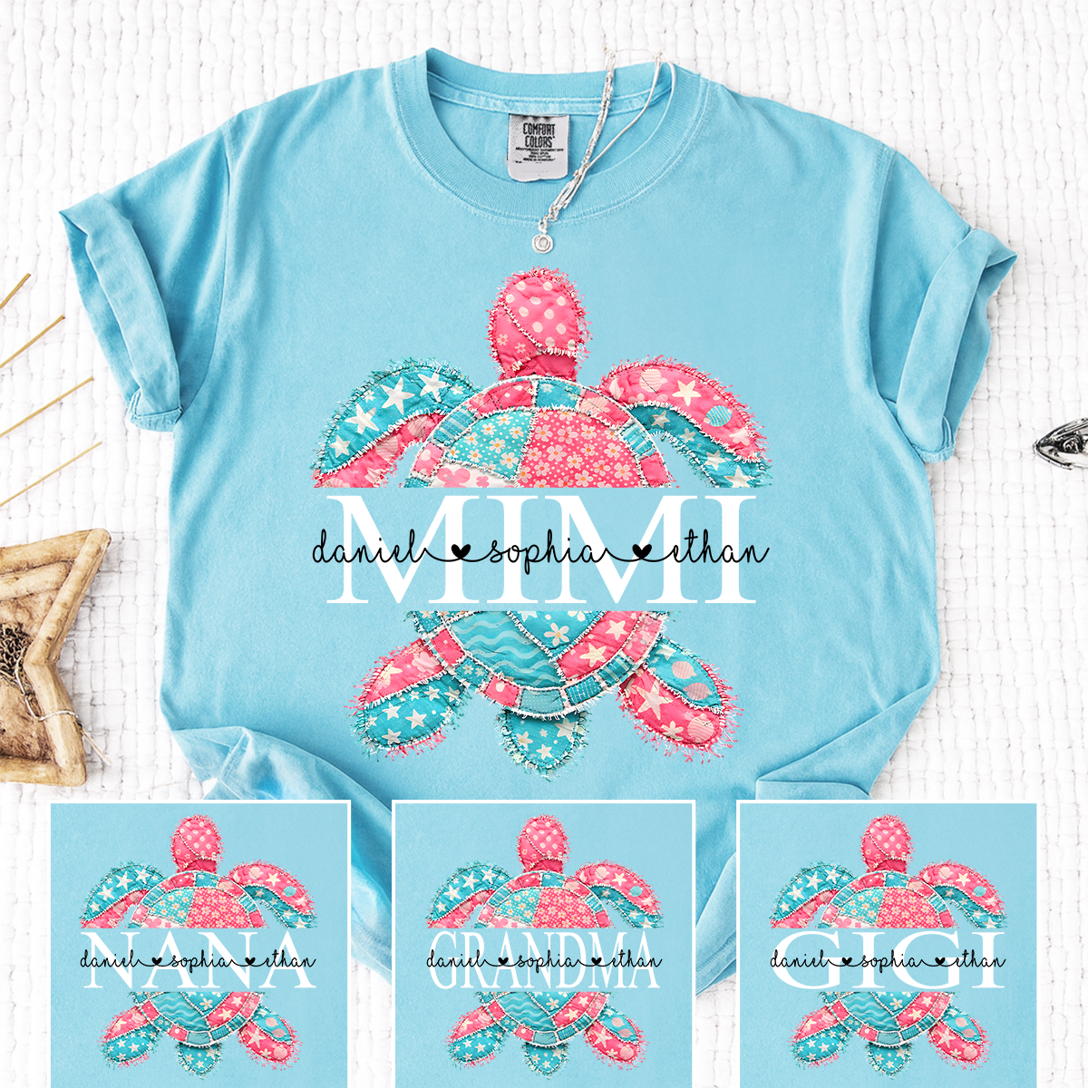 Personalized Patchwork Sea Turtle Grandma Shirt – Custom Mimi/Nana/Grandma Beach T-Shirt with Grandkids Names, Coastal Family Gift