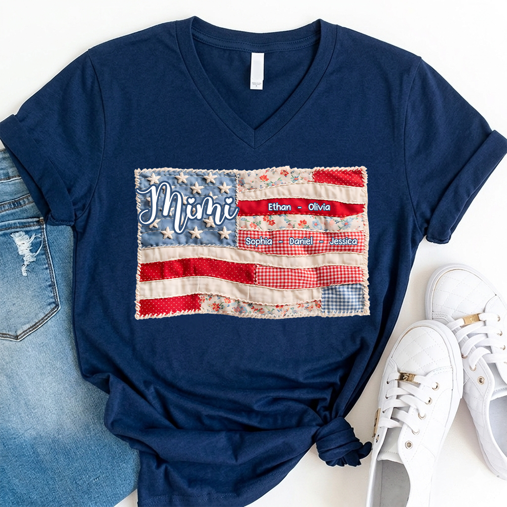 Custom Mimi American Flag Patchwork V-Neck T-Shirt – Personalized Grandma Gift with Kids’ Names, Patriotic Summer Tee for Women