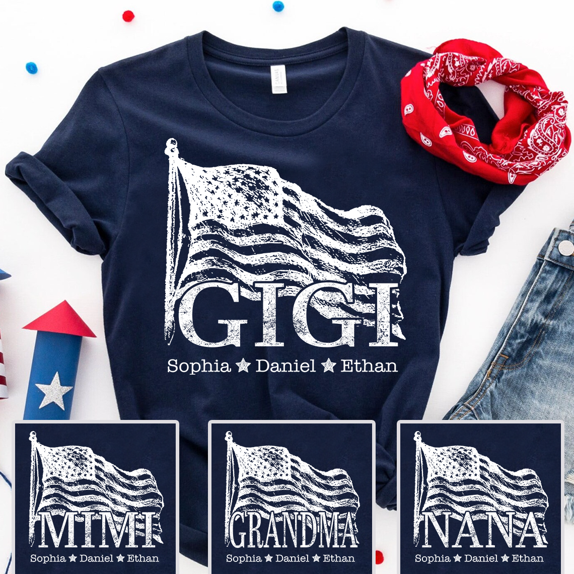 Gigi USA Flag T-Shirt – Personalized with Kids‘ Names, Custom Family 4th of July Patriotic Tee for Grandma