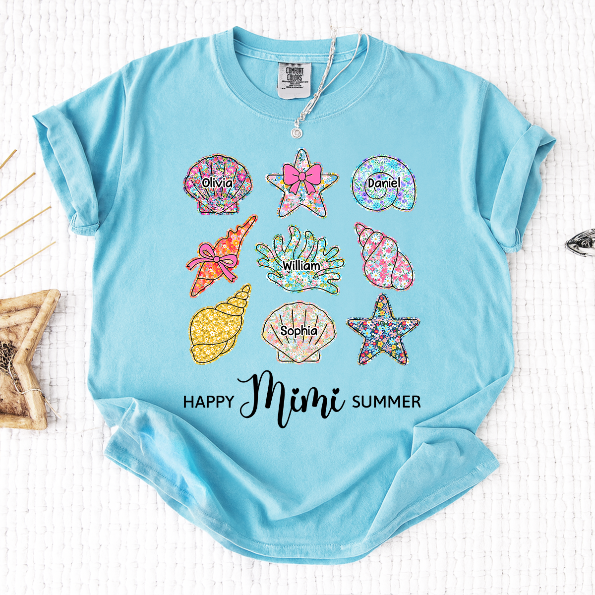 Personalized Mimi Summer Beach T-Shirt – Custom Grandma Seashell Starfish Design with Grandkids‘ Names, Summer Family Outfit for Women