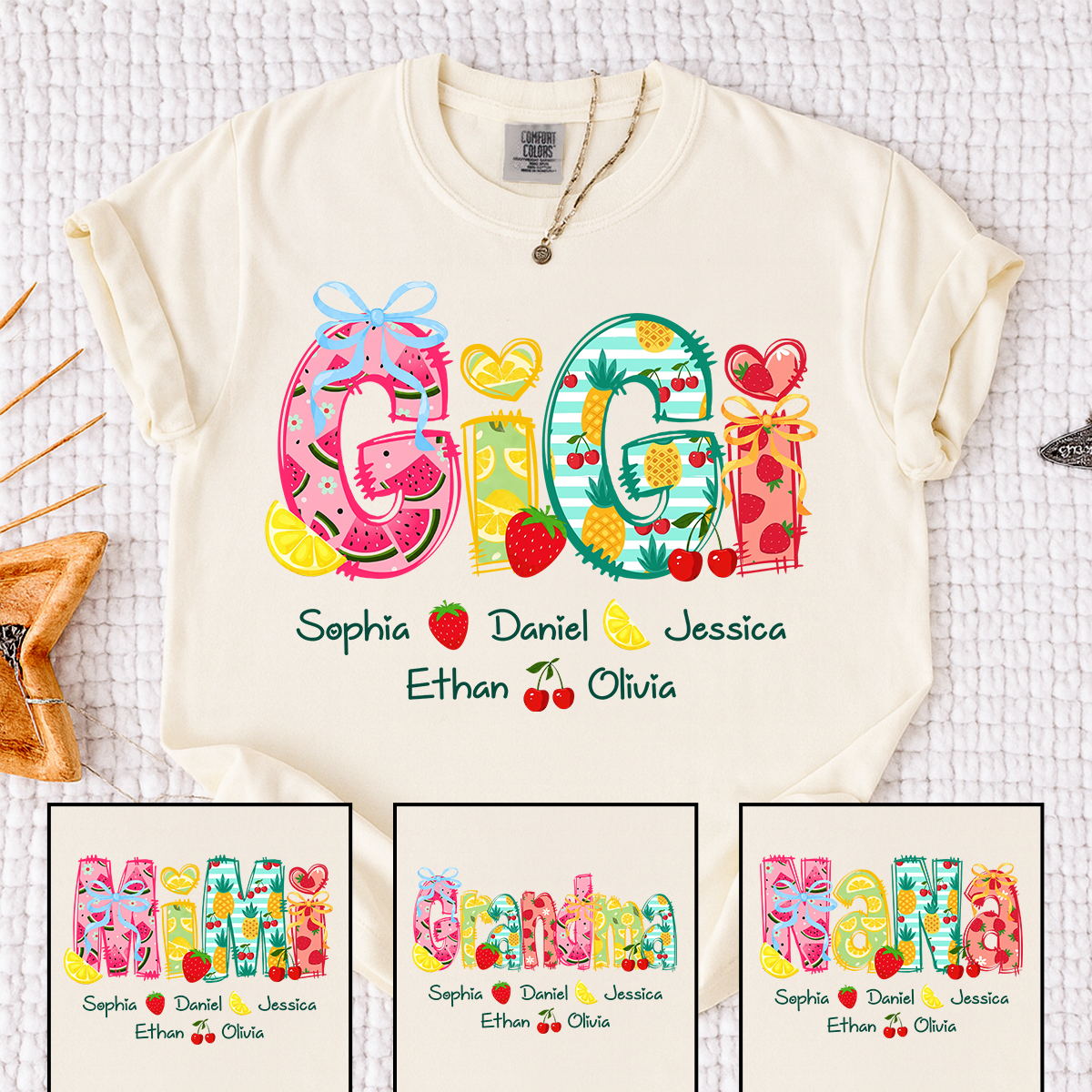 Custom Gigi Summer Fruit T-Shirt – Personalized Grandma Tee with Kids‘ Names, Sweet Cherry Graphic Family Outfit