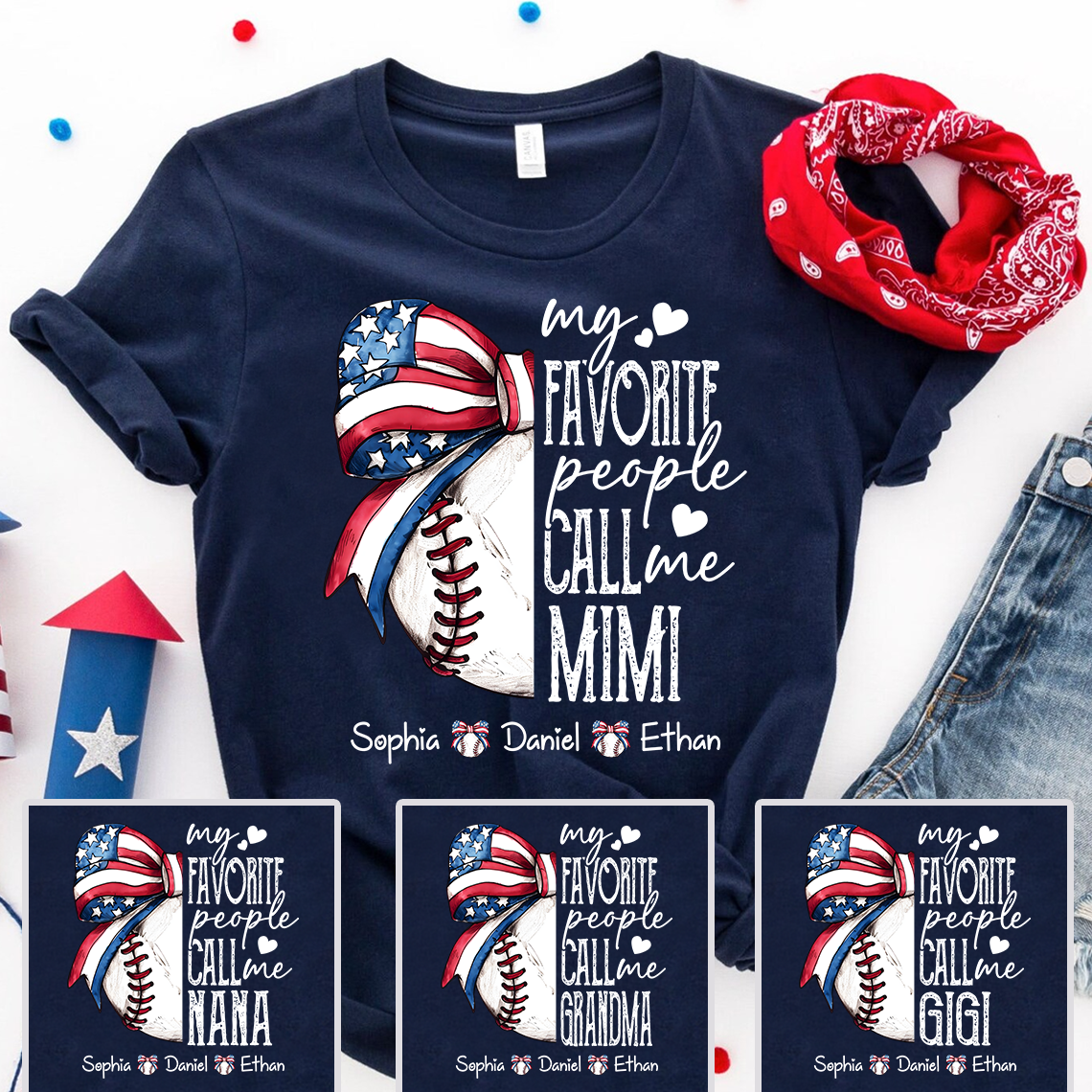 Personalized Patriotic Baseball Mimi T-Shirt – Custom Grandkids Names USA Bow Grandma Tee, Sports Lover Gift