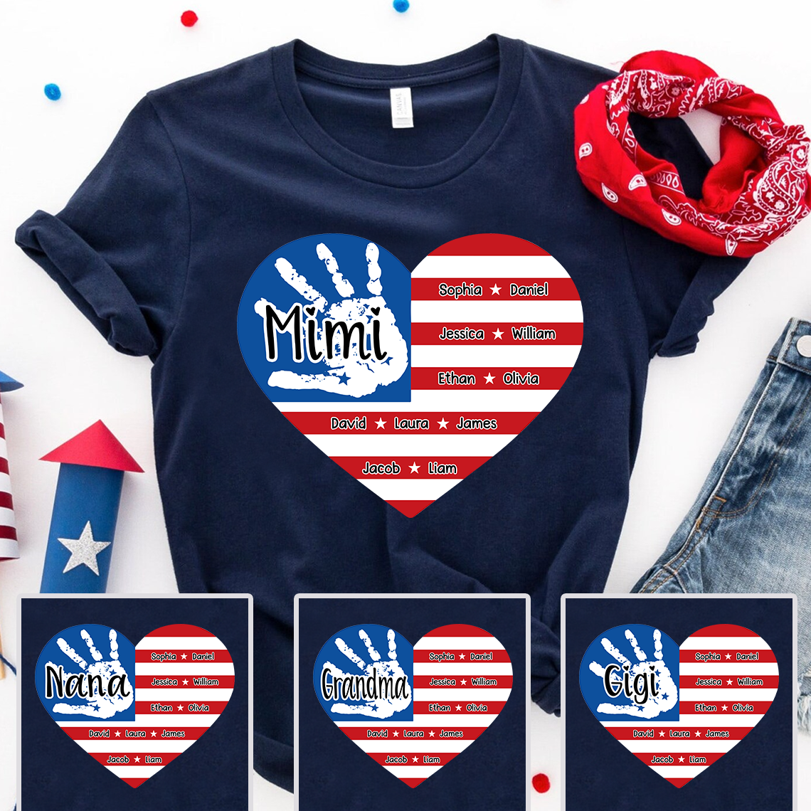 Custom Mimi American Flag Heart Handprint T-Shirt – Personalized Grandma Tee with Family Names, Patriotic Gift for Mimi