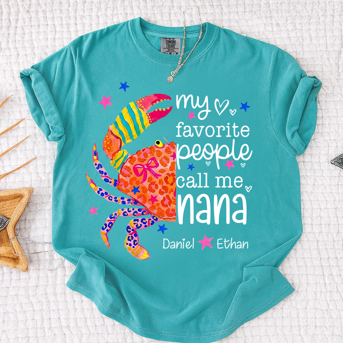 Colorful Crab Nana Shirt – Personalized “My Favorite People Call Me Nana” Summer Graphic Tee, Custom Grandma T-Shirt with Grandkids Names