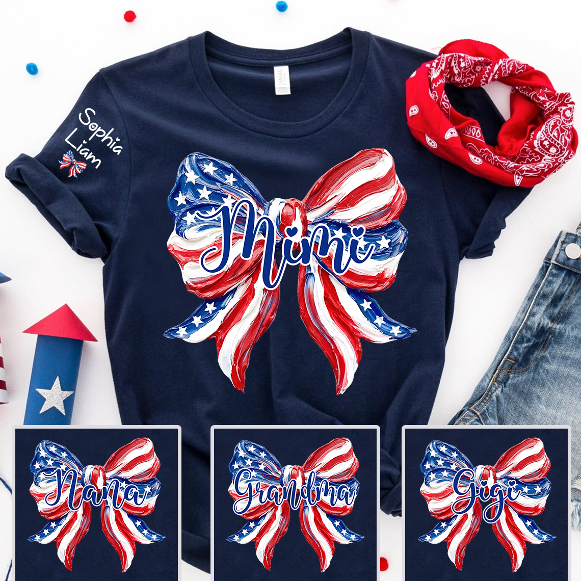 Personalized USA Patriotic Bow Mimi T-Shirt – Custom Grandkids Names On Sleeve 4th of July Grandma Tee, Independence Day Gift for Grandma