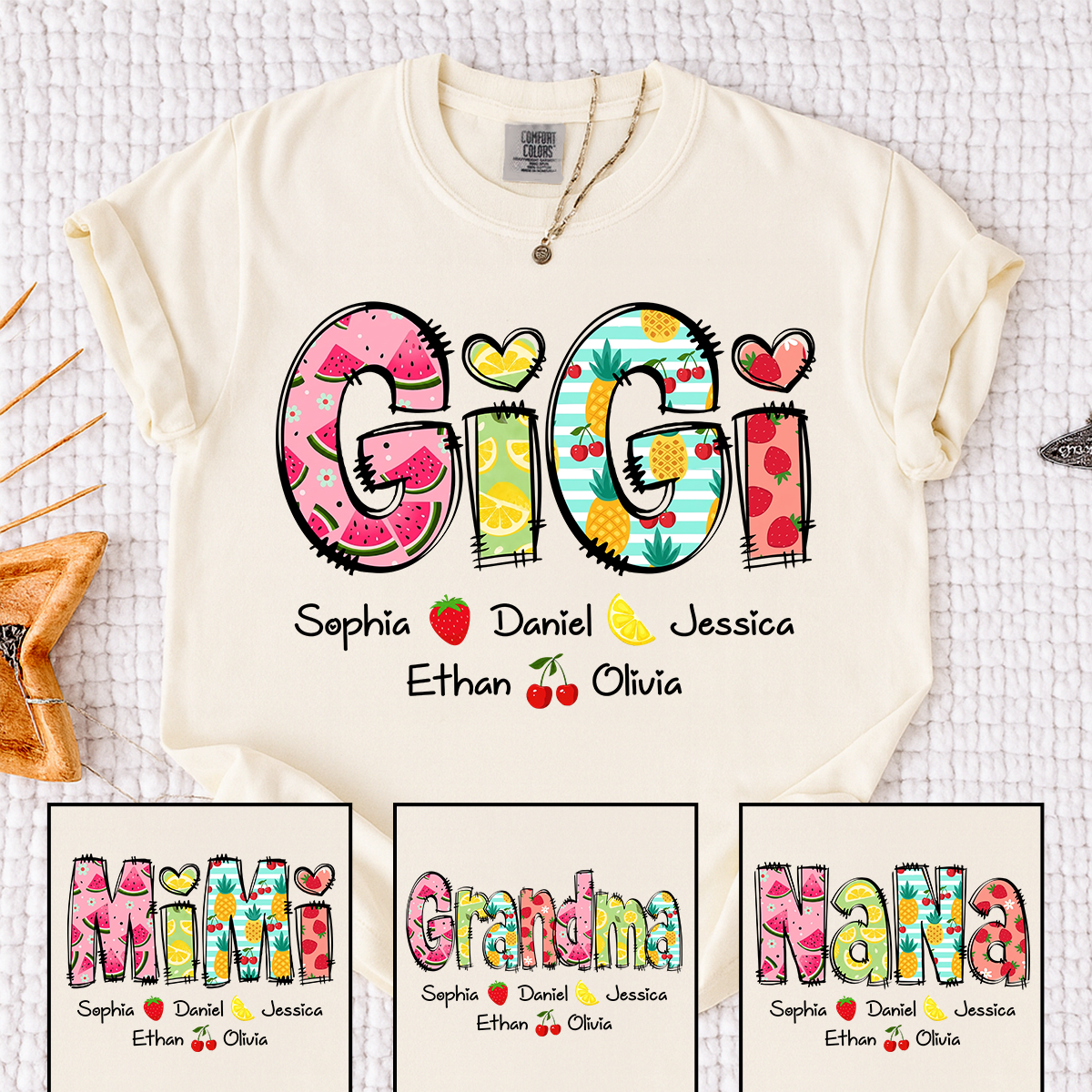 Custom Gigi Summer Fruit T-Shirt – Personalized Grandma Tee with Kids‘ Names, Sweet Cherry Graphic Family Outfit