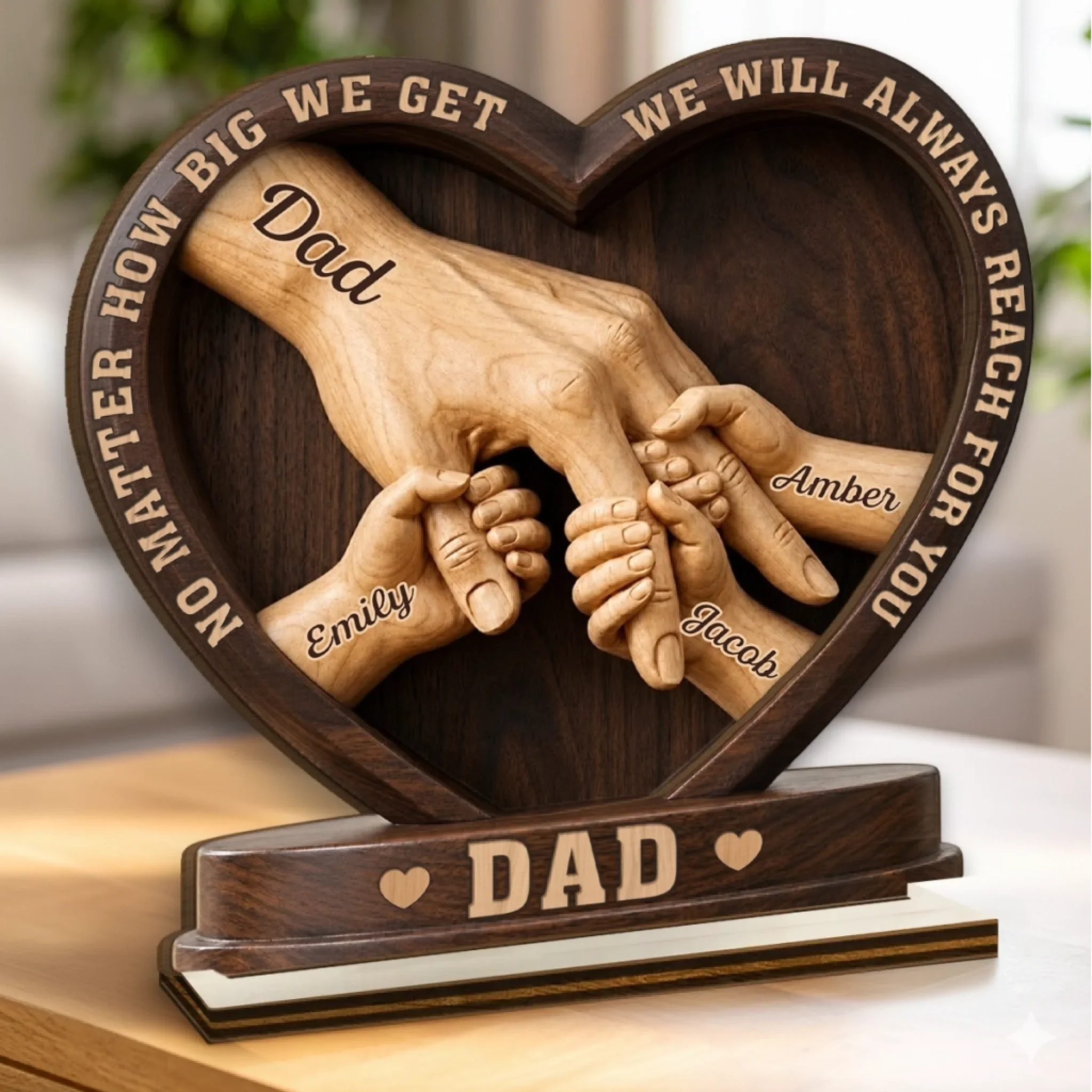 Custom "No Matter How Big We Get" Heart-Shaped Wooden Plaque – Personalized Father’s Day Gift for Dad/Grandpa with Kids’ Names