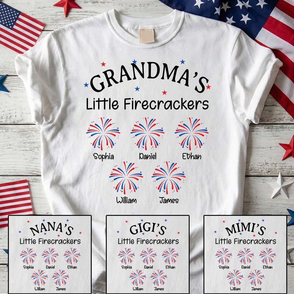 Grandma‘s Little Firecrackers T-Shirt with Kids’ Names – Personalized Patriotic 4th of July Family Gift for Grandma