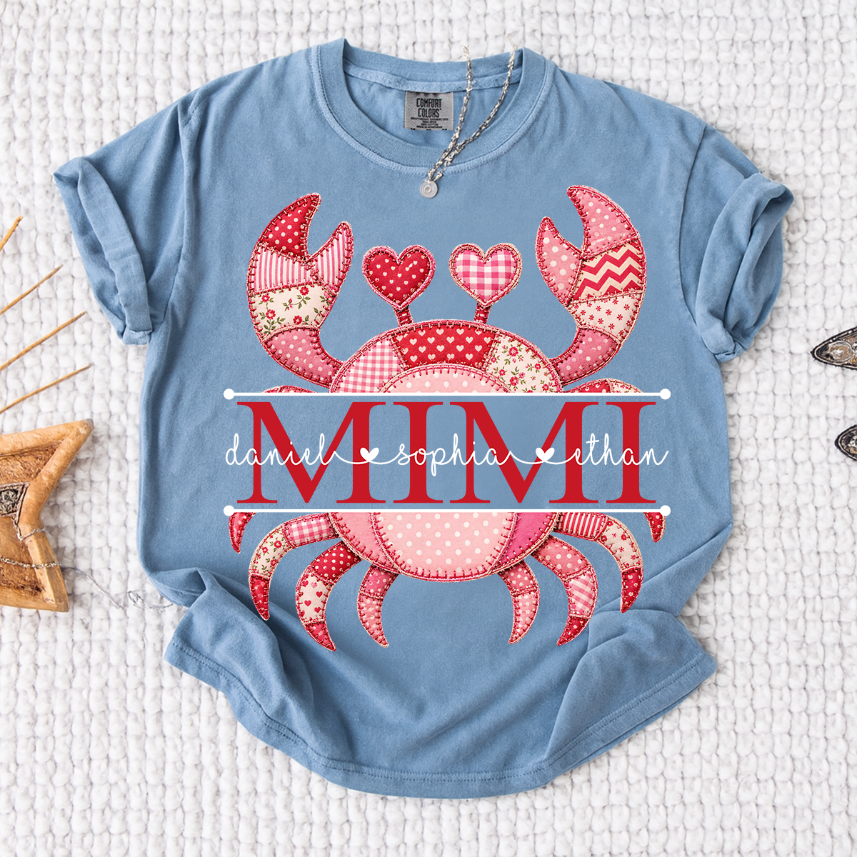 Patchwork Crab Design Mimi T-Shirt – Personalized Children’s Names Tee, Summer Beach Graphic for Grandma