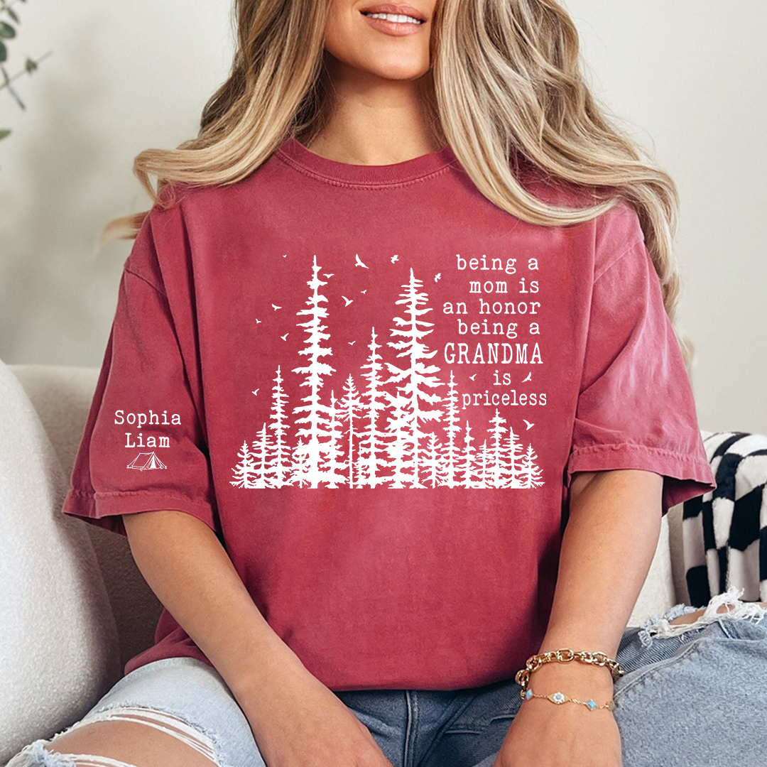 Being a Mom Is an Honor Being a Grandma Is Priceless T-Shirt – Personalized Grandma Shirt with Grandkids Names, Nature Lover Floral Tee for Women