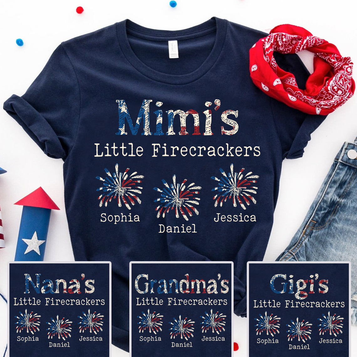 Personalized Mimi‘s Little Firecrackers T-Shirt – Custom Patriotic Family Tee with Kids’ Names, 4th of July Grandma Gift for Women