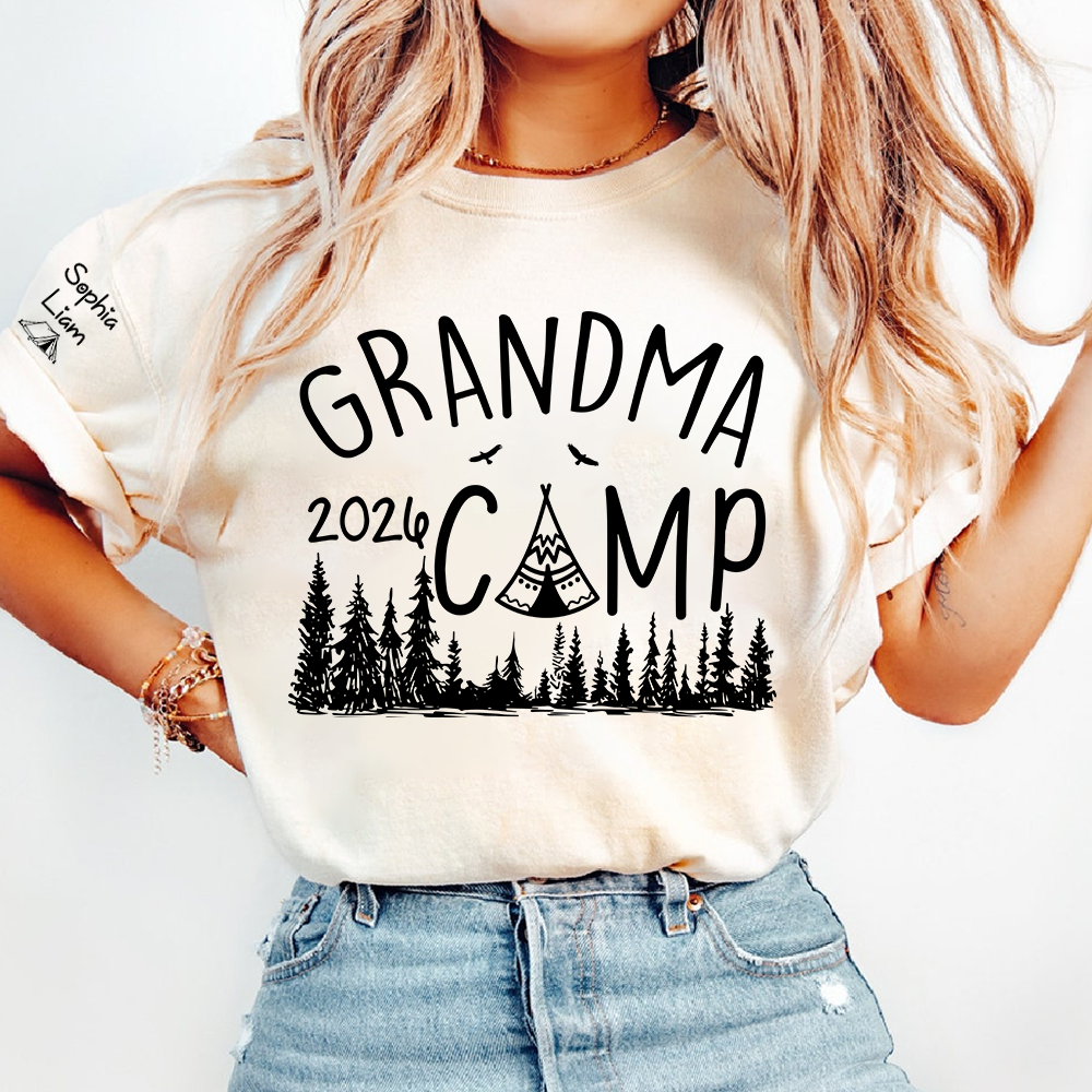Grandma Camp 2026 T-Shirt – Custom Grandma Camping Shirt with Grandkids Names, Cute Outdoor Family Vacation Tee for Grandma