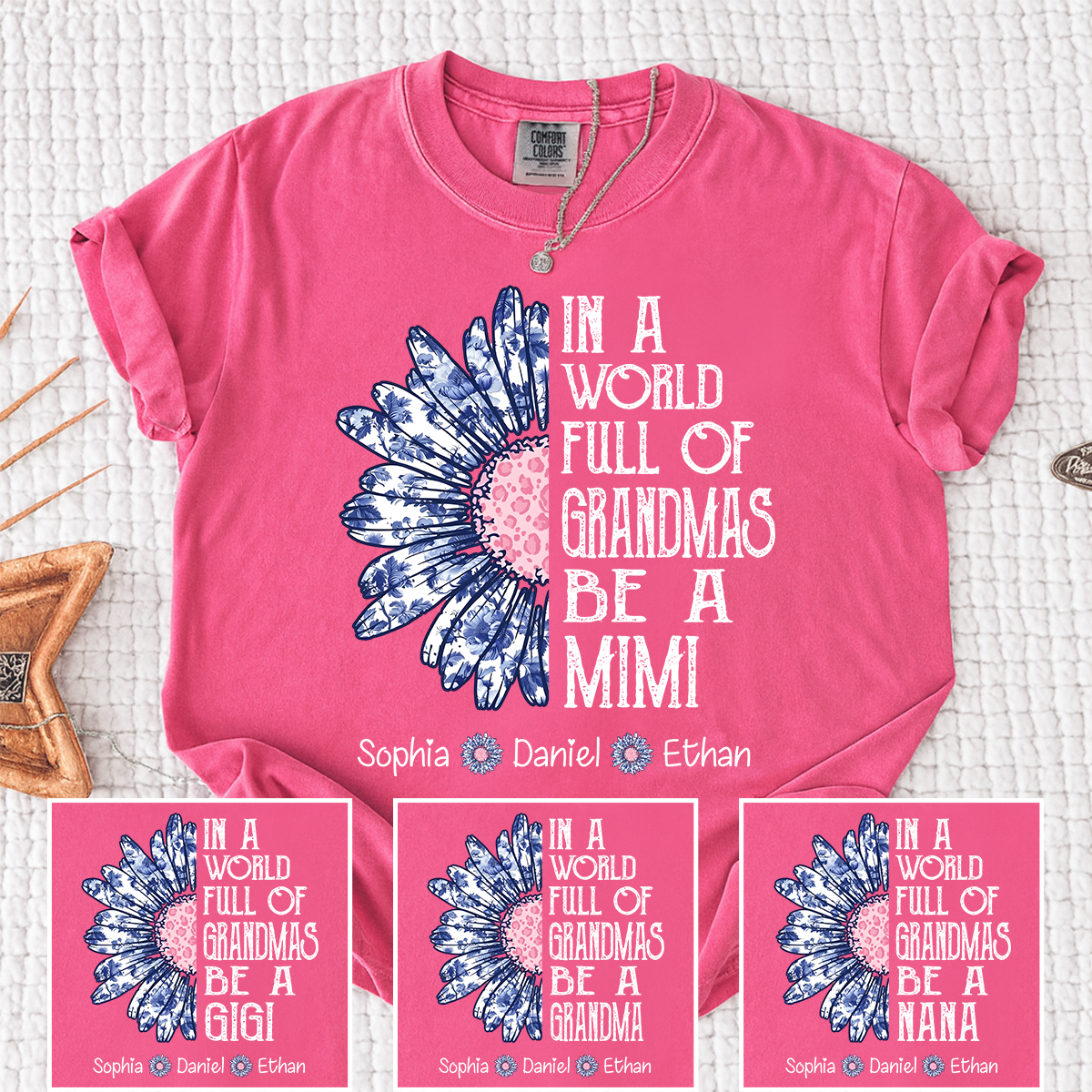 Custom Mimi Daisy Flower T-Shirt – “In a World Full of Grandmas Be a Mimi” with Grandkids Names, Personalized Family Tee for Women