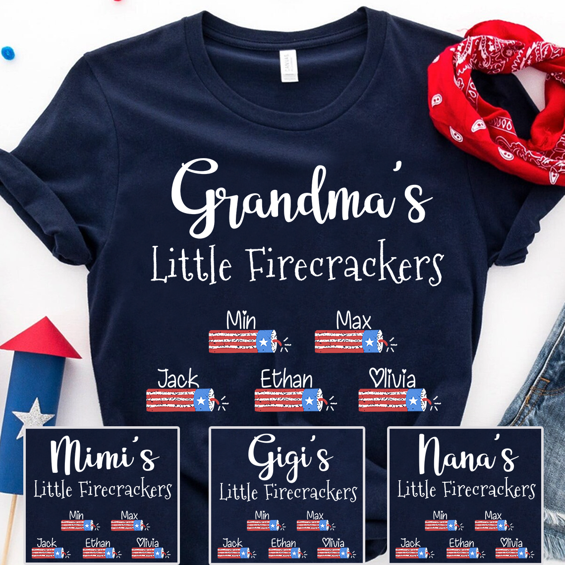 Grandma‘s Little Firecrackers T-Shirt with Names – Custom Mother’s Day Gift for Mimi, Patriotic 4th of July Grandma Tee