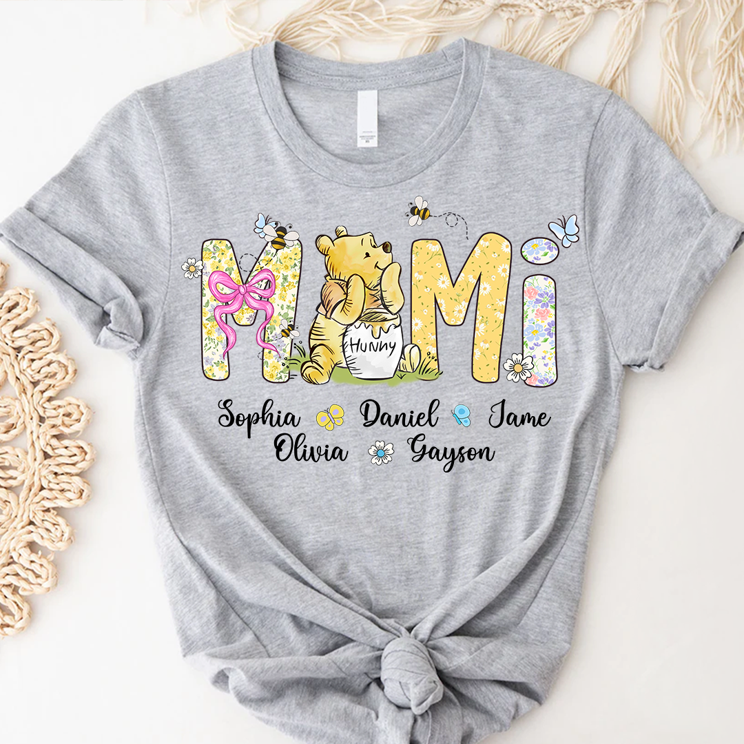 Personalized Floral Mimi Bear T-Shirt – Custom Grandkids Names Floral Tee, Gift for Grandma Mimi