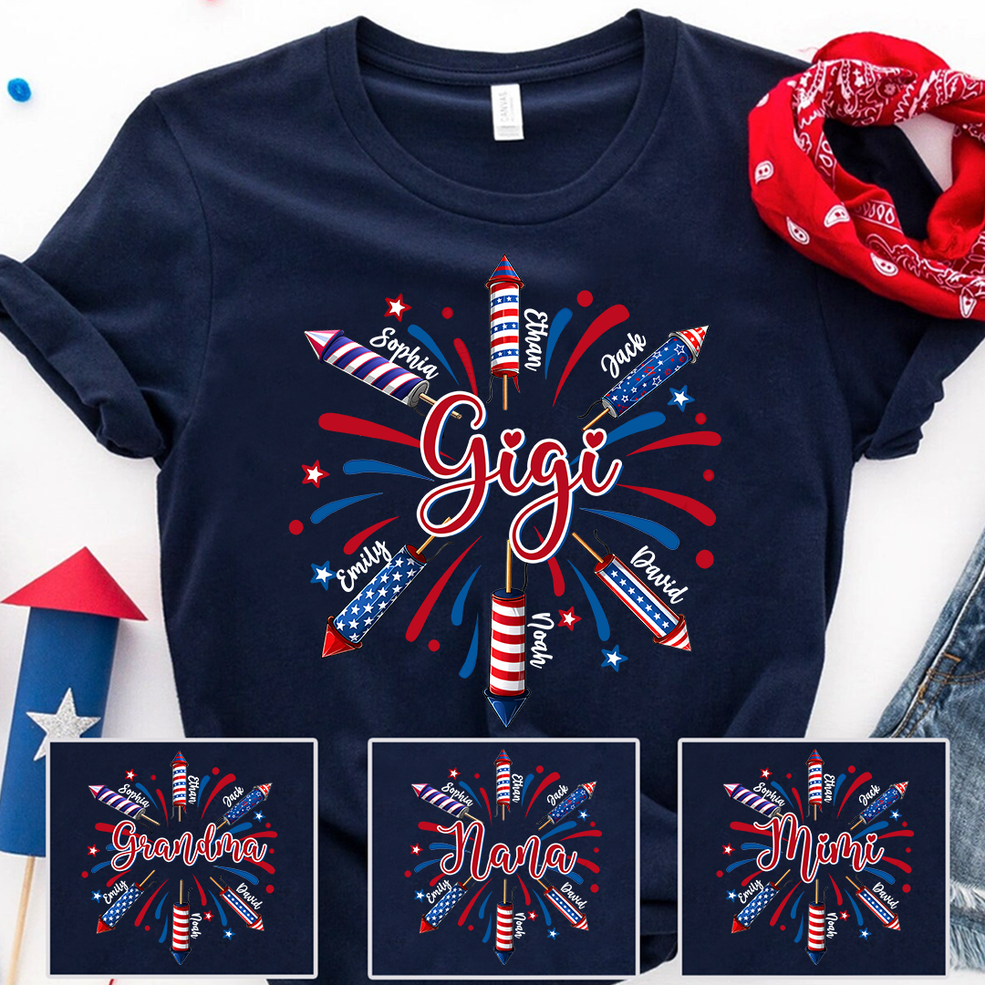 Personalized Gigi 4th July American Flag T-Shirt – Patriotic Independence Day Gift for Grandma, Custom Grandkids Names