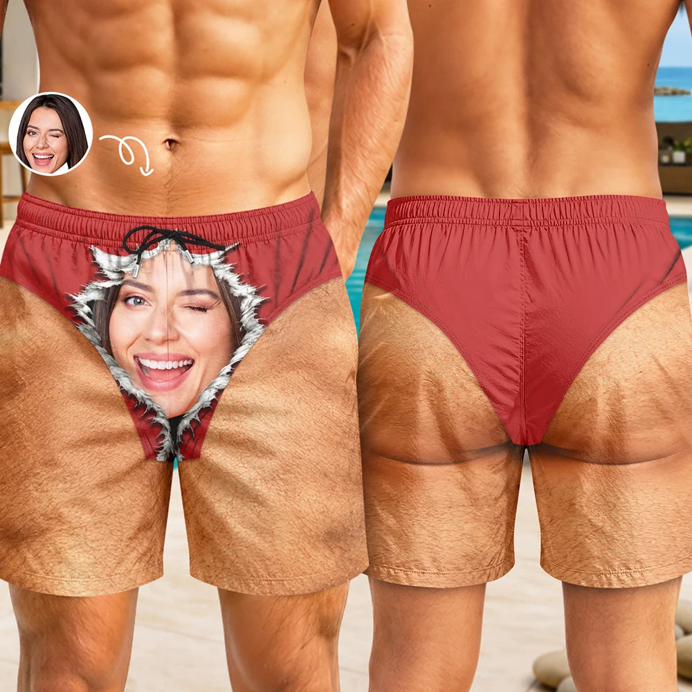 Custom Photo Funny Unisex Swim Trunks – Personalized Face-on-Underwear Illusion Beach Shorts, Summer Vacation Gift