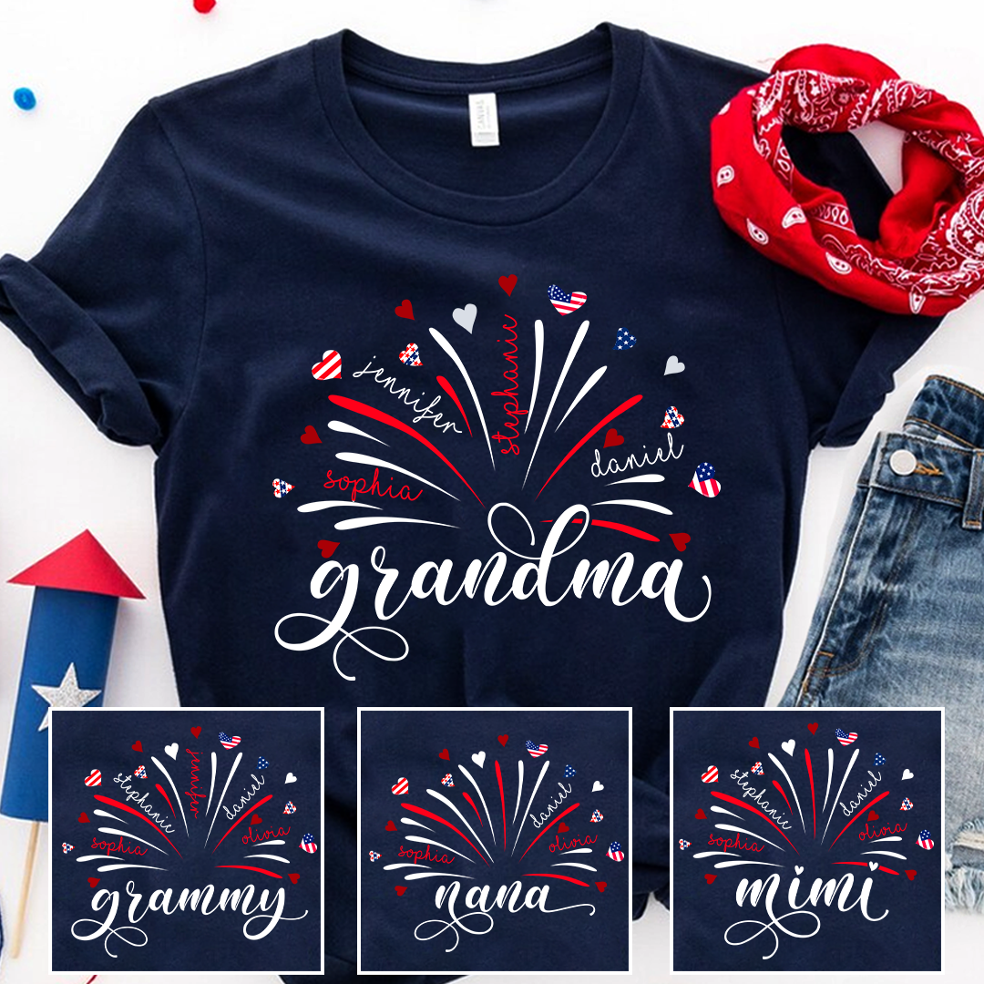 Personalized 4th of July Grandma T-Shirt - Custom Grandkids Names Fireworks America Flag Design, Grandma Shirt