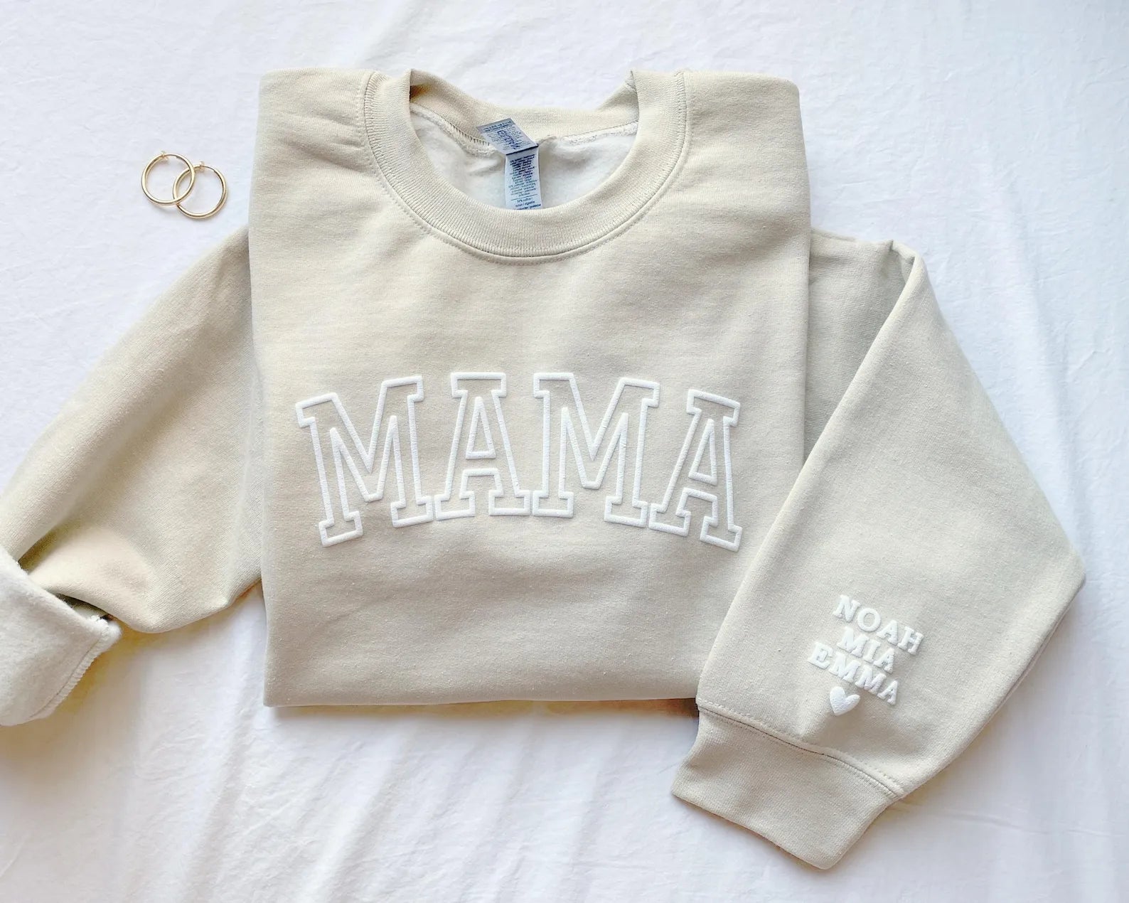 Custom MAMA Puff Sweatshirt with Kids Names on Sleeve - Personalized Mom Crewneck for Mother's Day
