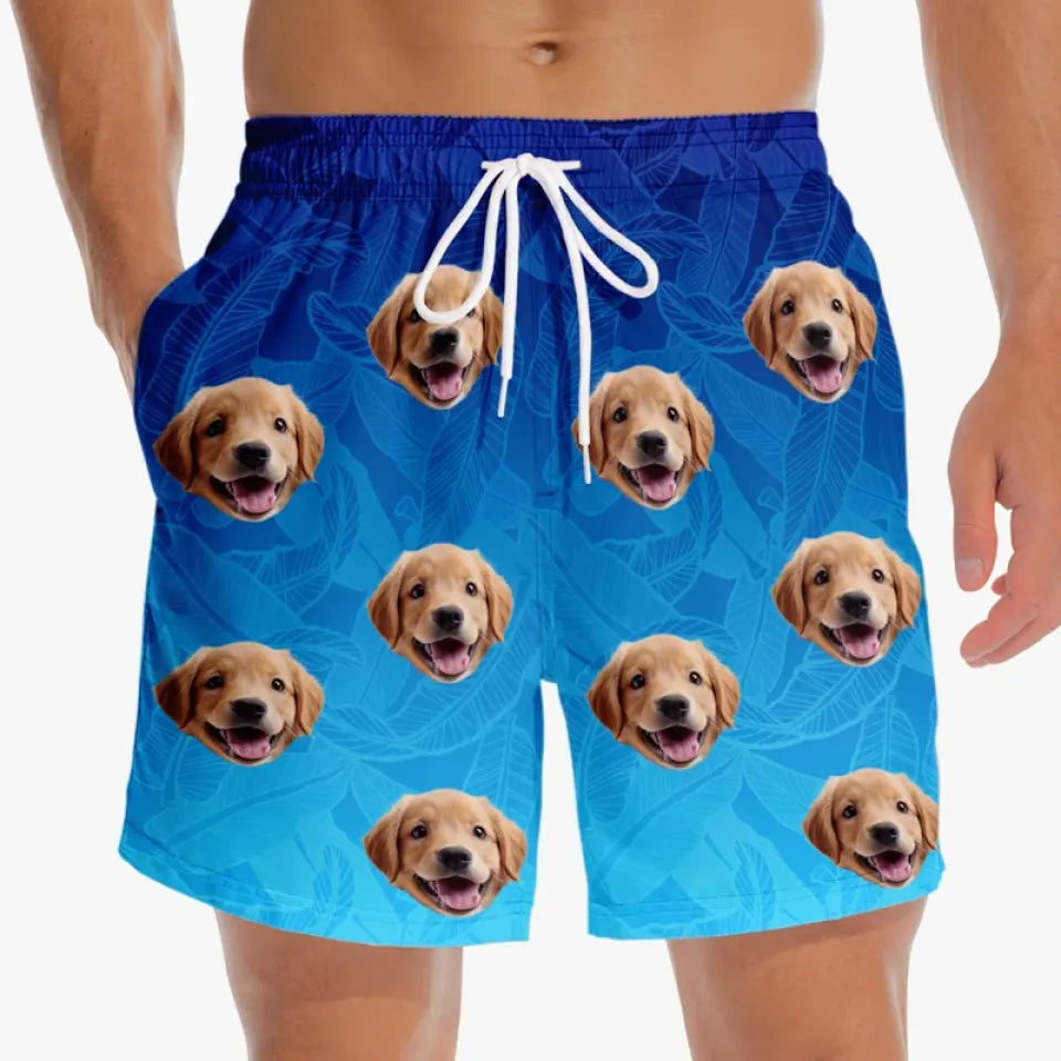 Custom Pet Photo Beach Shorts – Personalized Dog & Cat “My Pet Thinks I’m A Catch” Hawaiian Swim Trunks, Summer Vacation Gift for Pet Owners