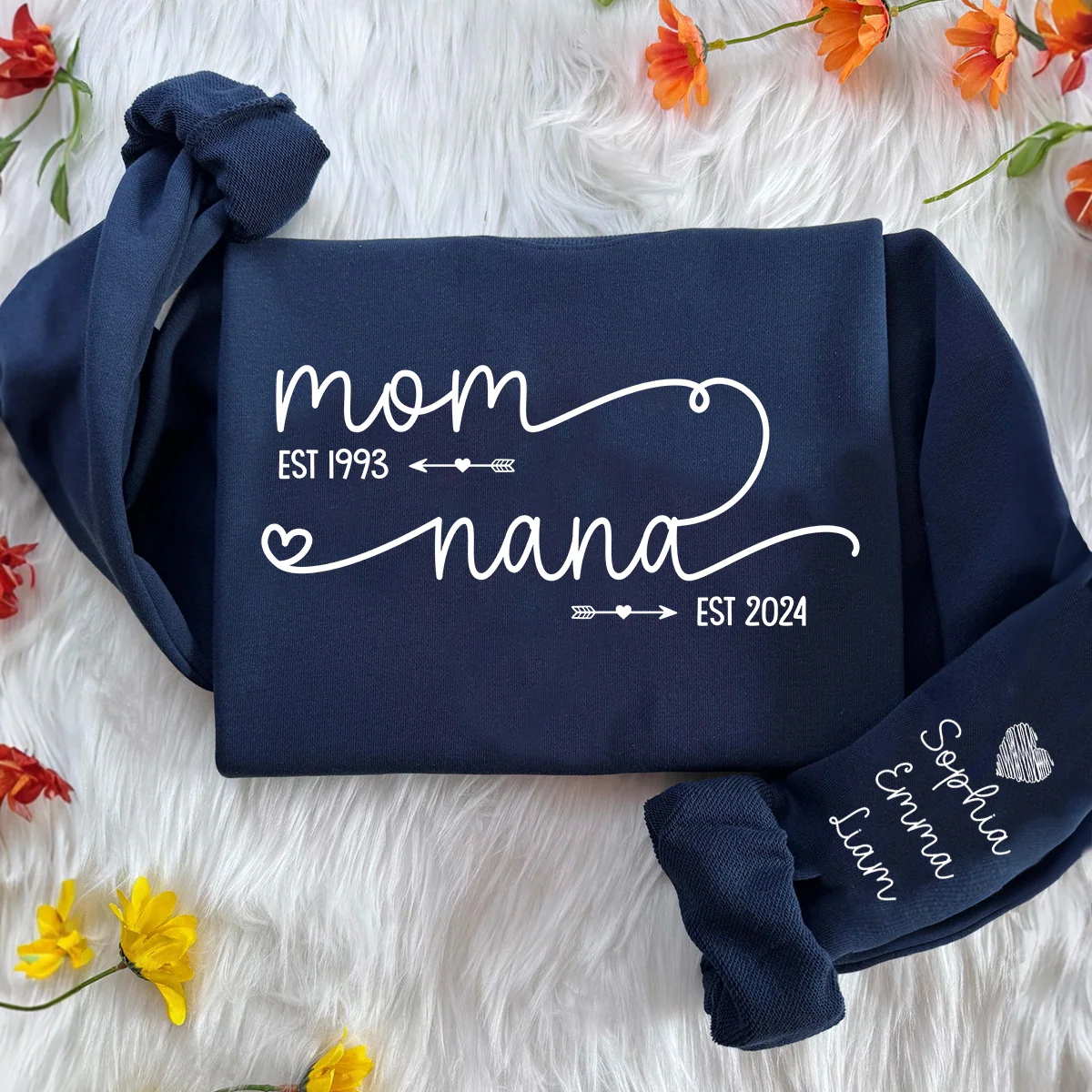 Custom EST Year Design Mom & Nana Sweatshirt - Personalized with Kids Names on Sleeve for Grandma