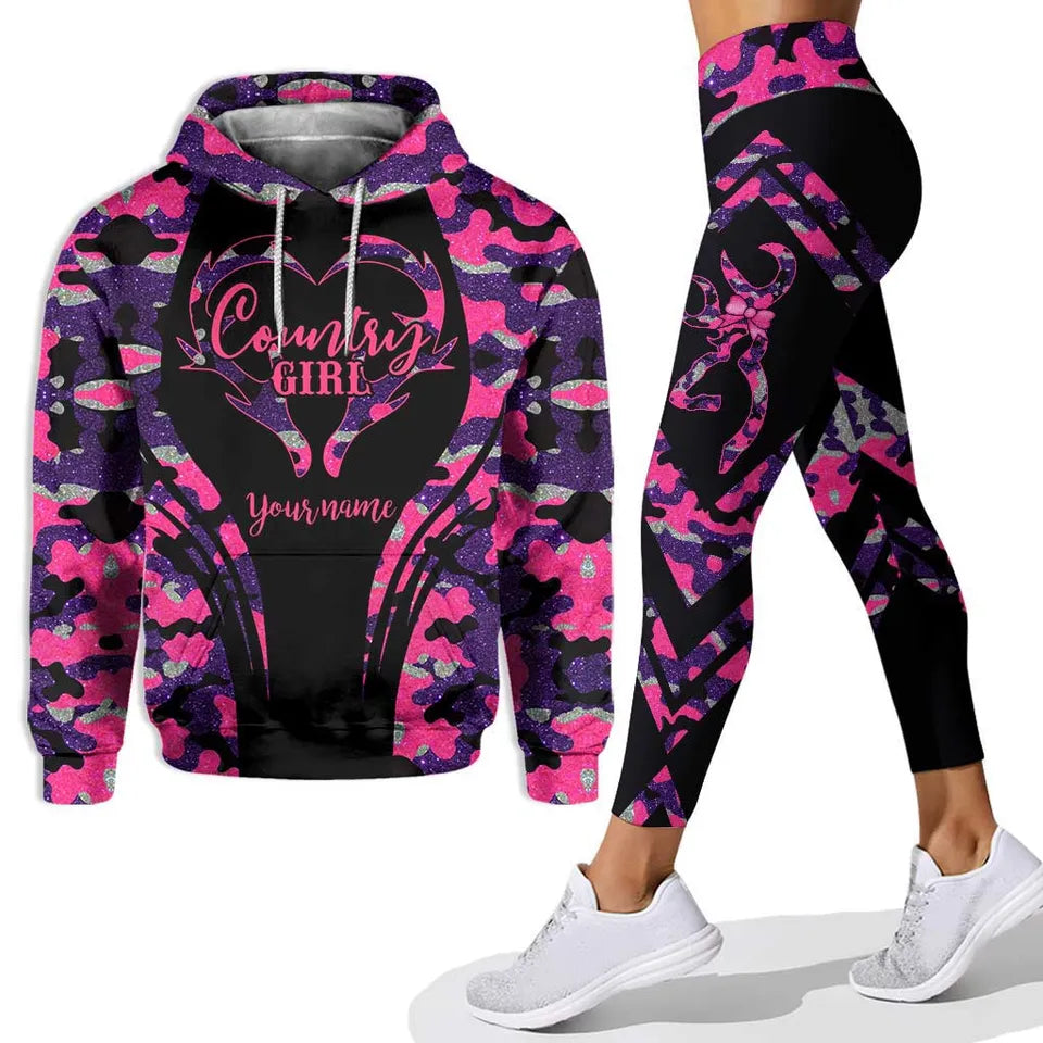 Custom "Country Girl" Outfit with Pink & Purple Camo Design - Personalized Hoodie & Leggings Set