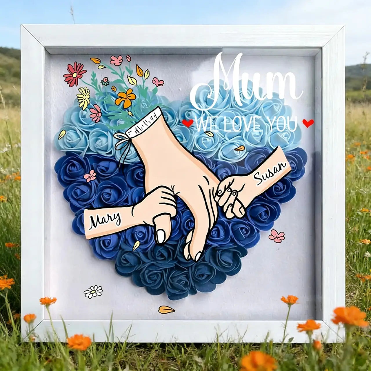 Personalized Mom Blue Rose Frame - "We Love You" Hand Stack Design with Custom Children Names