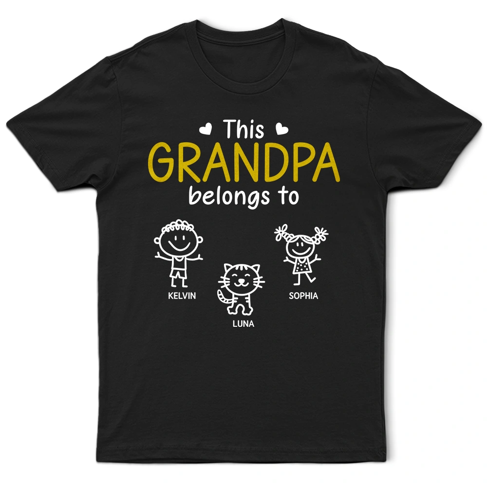 Personalized Grandpa T-Shirt – "This Grandpa Belongs To" with Kid Stick Figures, Custom Family Names, Father‘s Day Gift for Grandpa