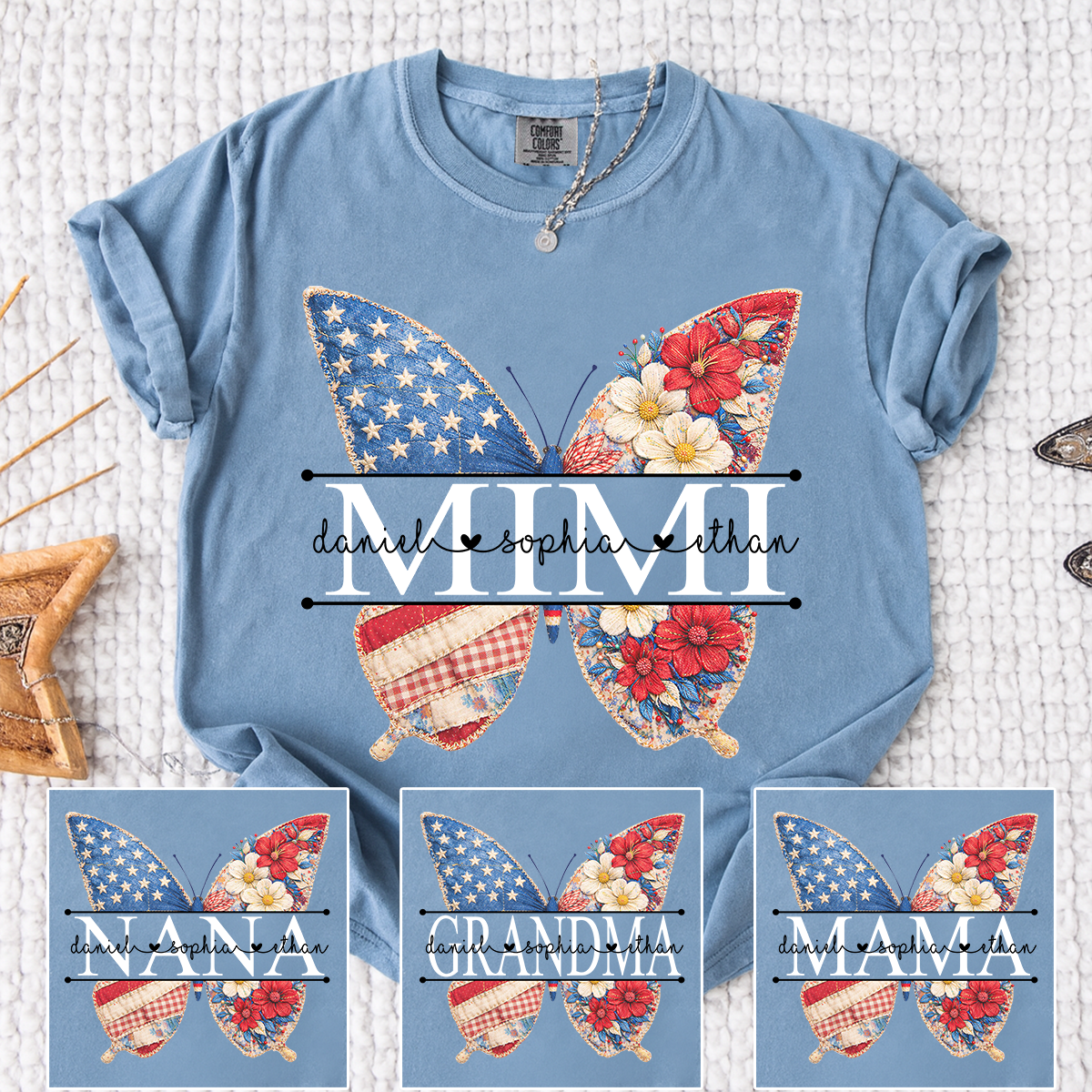 Personalized Mimi T-Shirt – American Flag Flower Butterfly Design with Grandkids‘ Names, Custom 4th of July Grandma Gift (Copy)