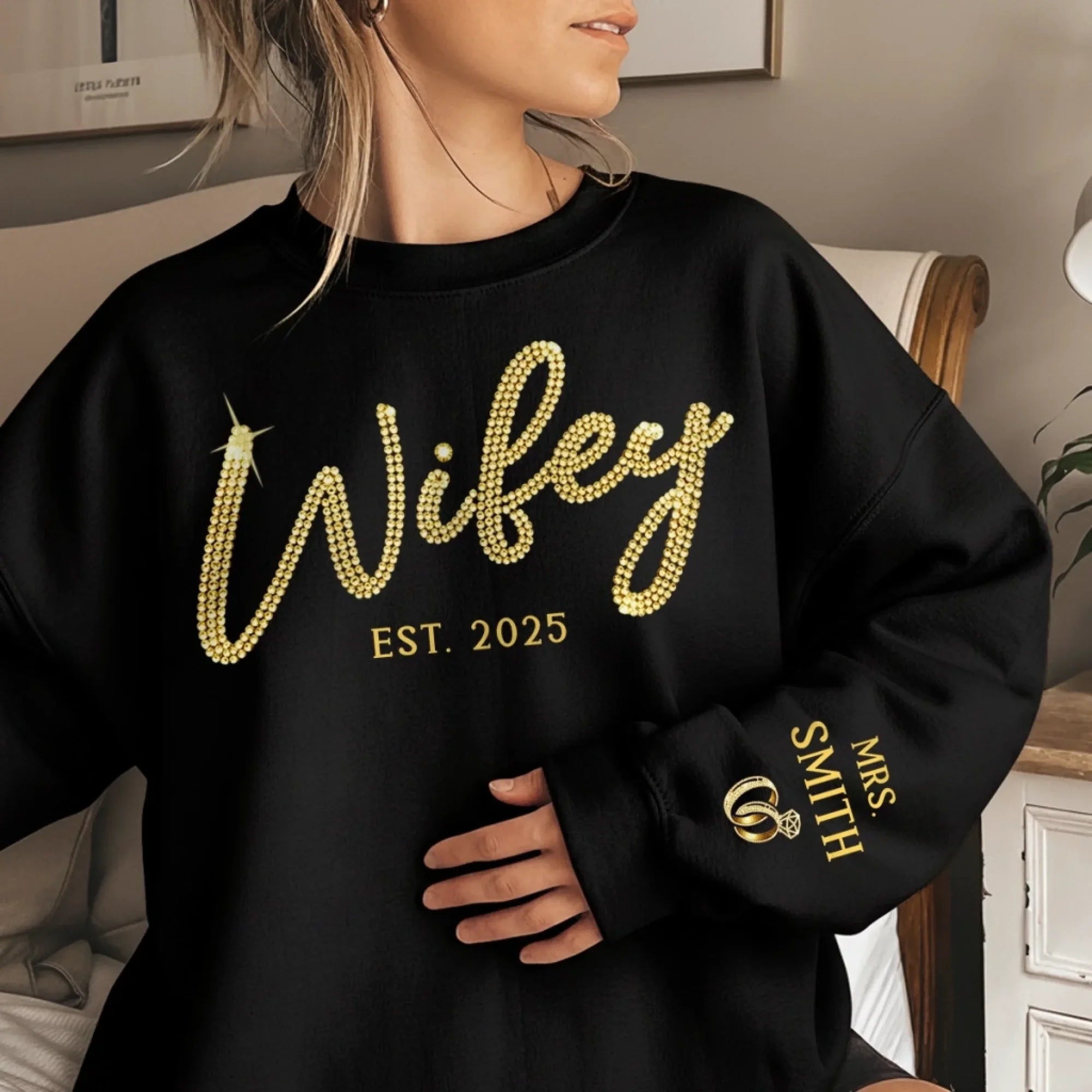 Personalized Wifey Rhinestone Sweatshirt with EST Year & Mrs. Name - Custom Gold Wedding Gift for Bride