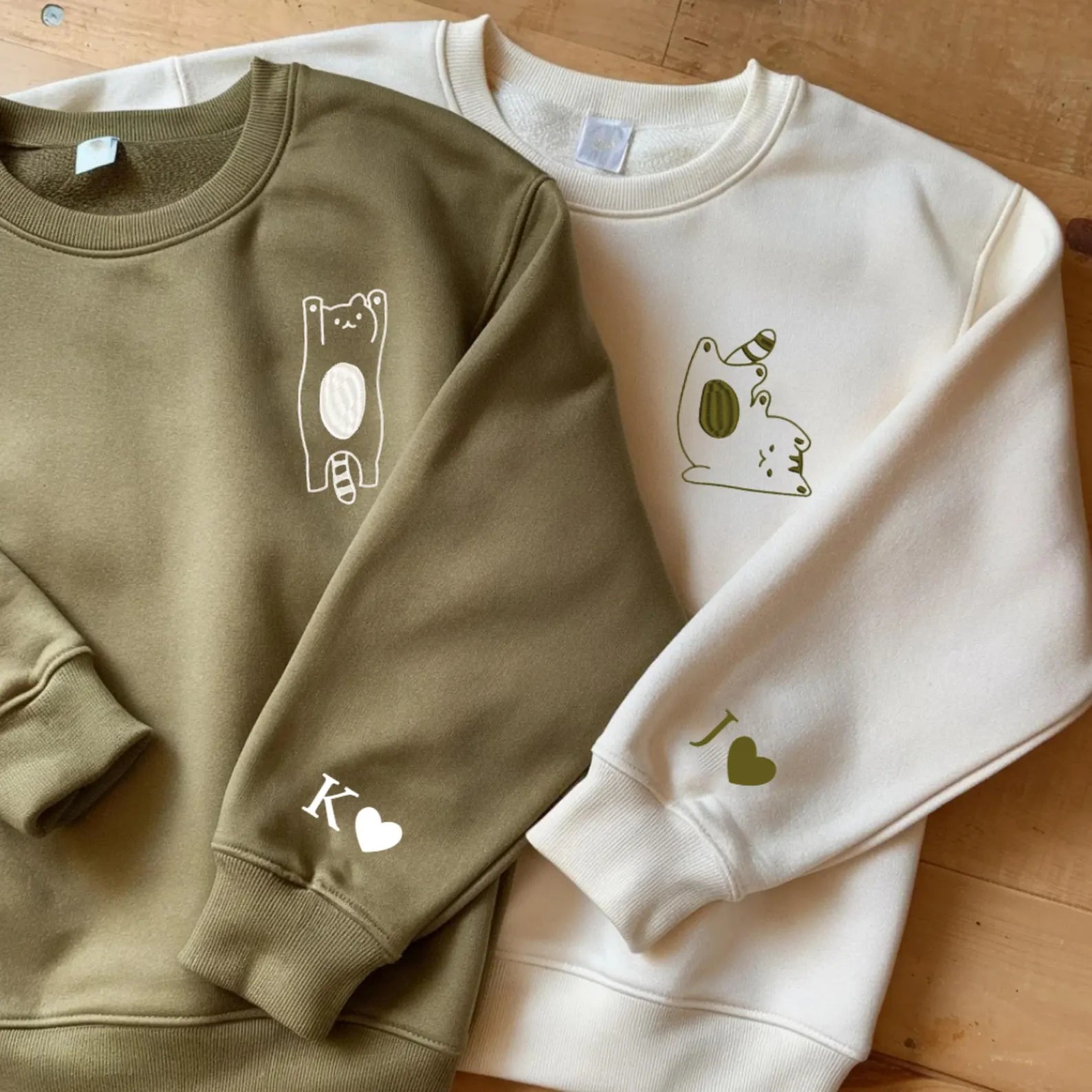 Custom Raccoon Design Matching Couple Sweatshirts - Personalized with Initials on Sleeve for Anniversary
