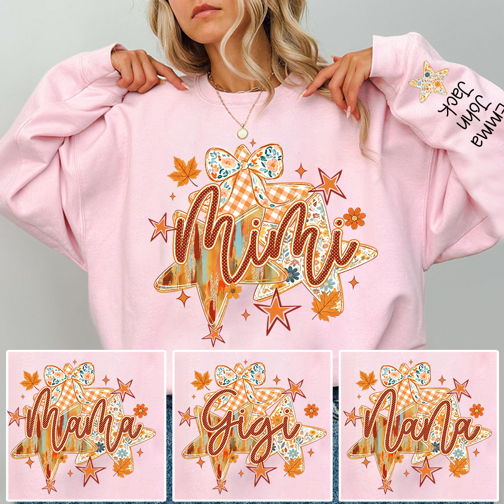 Personalized Grandma Shirt with Grandkids’ Names – Cute Fall Star & Bow Graphic Gift
