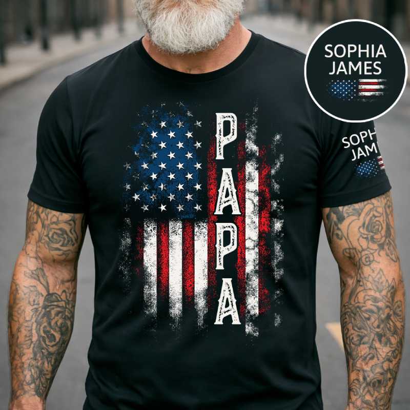 Vertical Papa American Flag Custom T-Shirt – Personalized Patriotic Tee with Kids Names on Sleeve, Father’s Day Gift for Grandpa