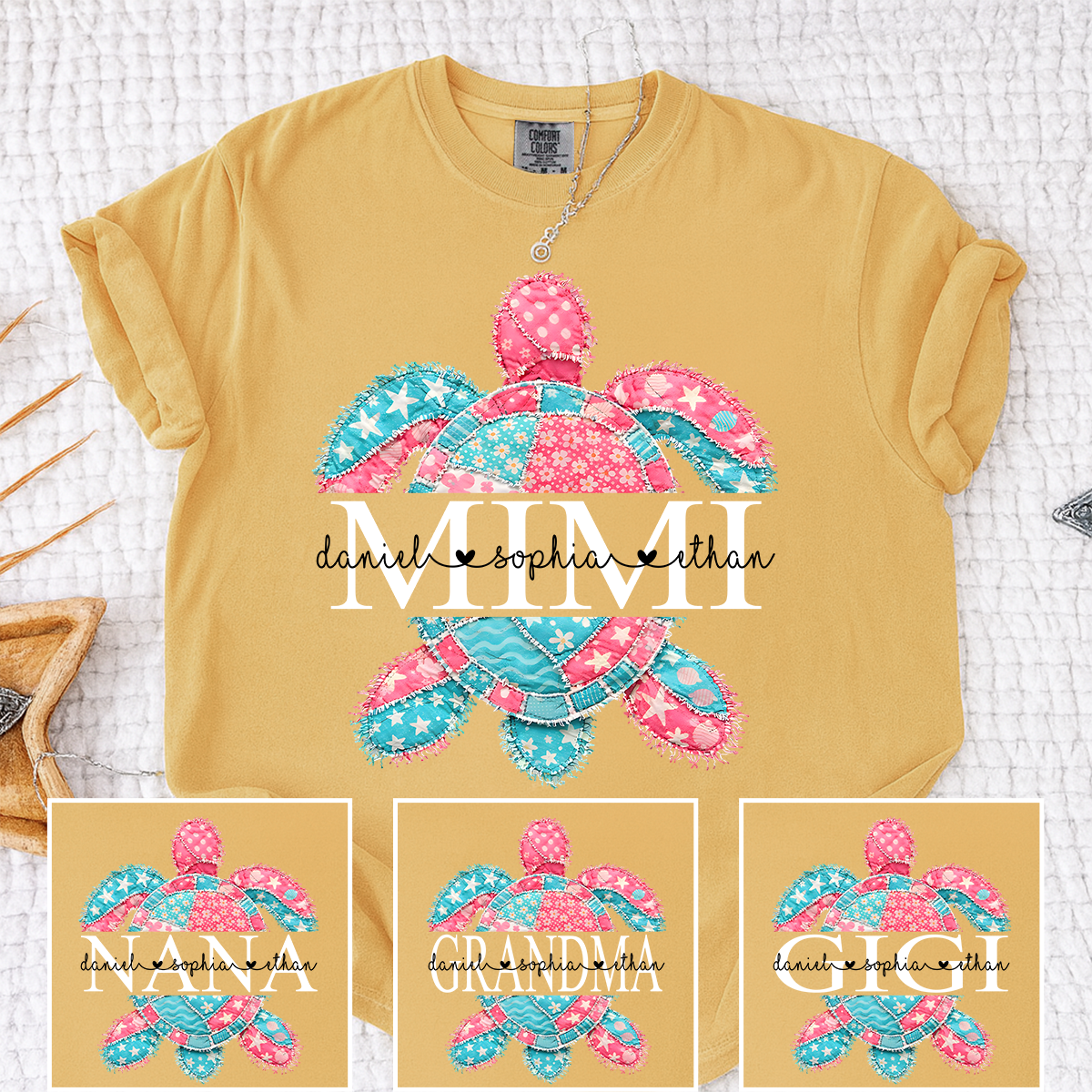 Personalized Patchwork Sea Turtle Grandma Shirt – Custom Mimi/Nana/Grandma Beach T-Shirt with Grandkids Names, Coastal Family Gift