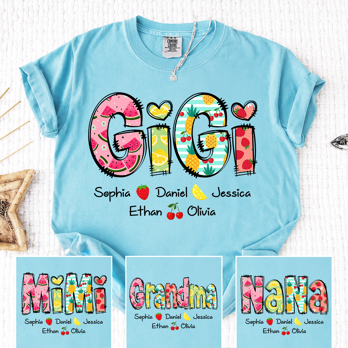 Custom Gigi Summer Fruit T-Shirt – Personalized Grandma Tee with Kids‘ Names, Sweet Cherry Graphic Family Outfit