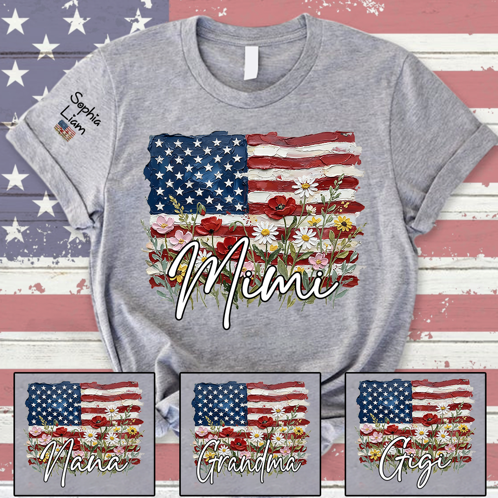 Personalized American Flag Floral Grandma T-Shirt – Custom Grandkids’ Names Sleeve Tee, Patriotic 4th of July Gift for Mimi/Nana