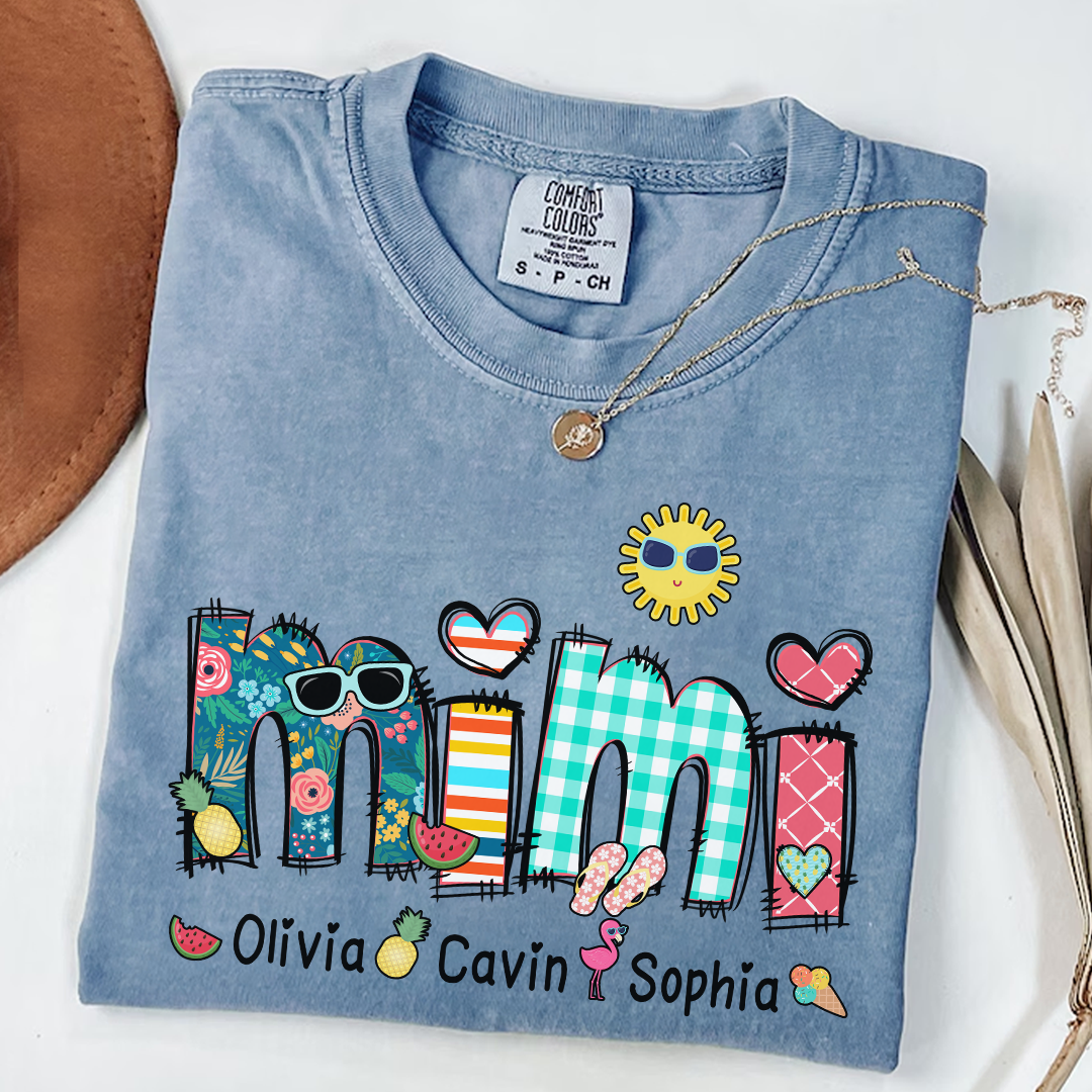 Personalized Summer Mimi T-Shirt – Custom Grandkids’ Names Tee, Colorful Beach Themed Tee for Grandma