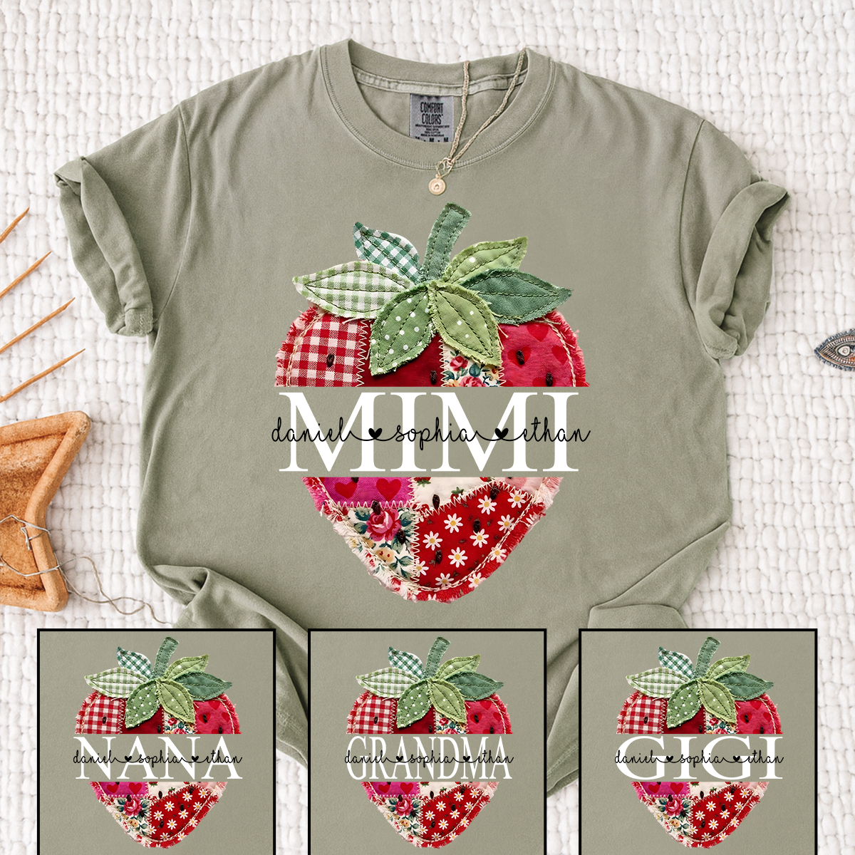 Personalized Patchwork Strawberry Mimi T-Shirt – Custom Grandkids Names Vintage Fruit Tee, Mother’s Day Gift for Grandma Nana Gigi
