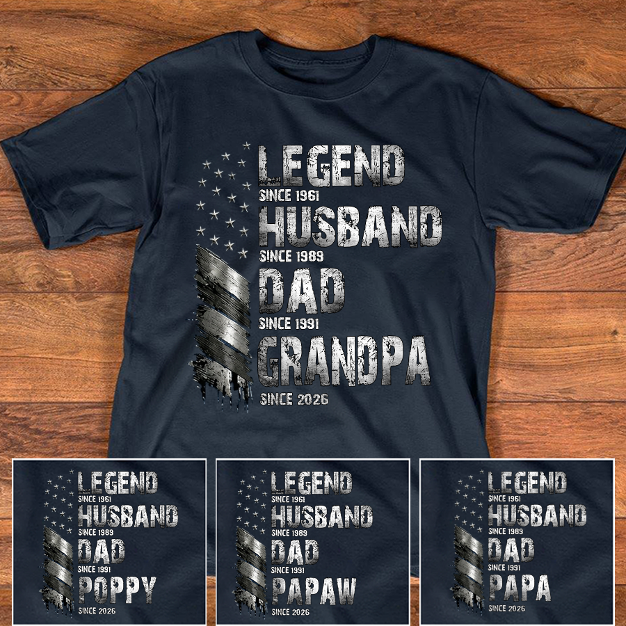 Legend Husband Dad Grandpa Custom T-Shirt – Personalized American Flag Tee with Milestone Years, Father’s Day Gift for Grandpa