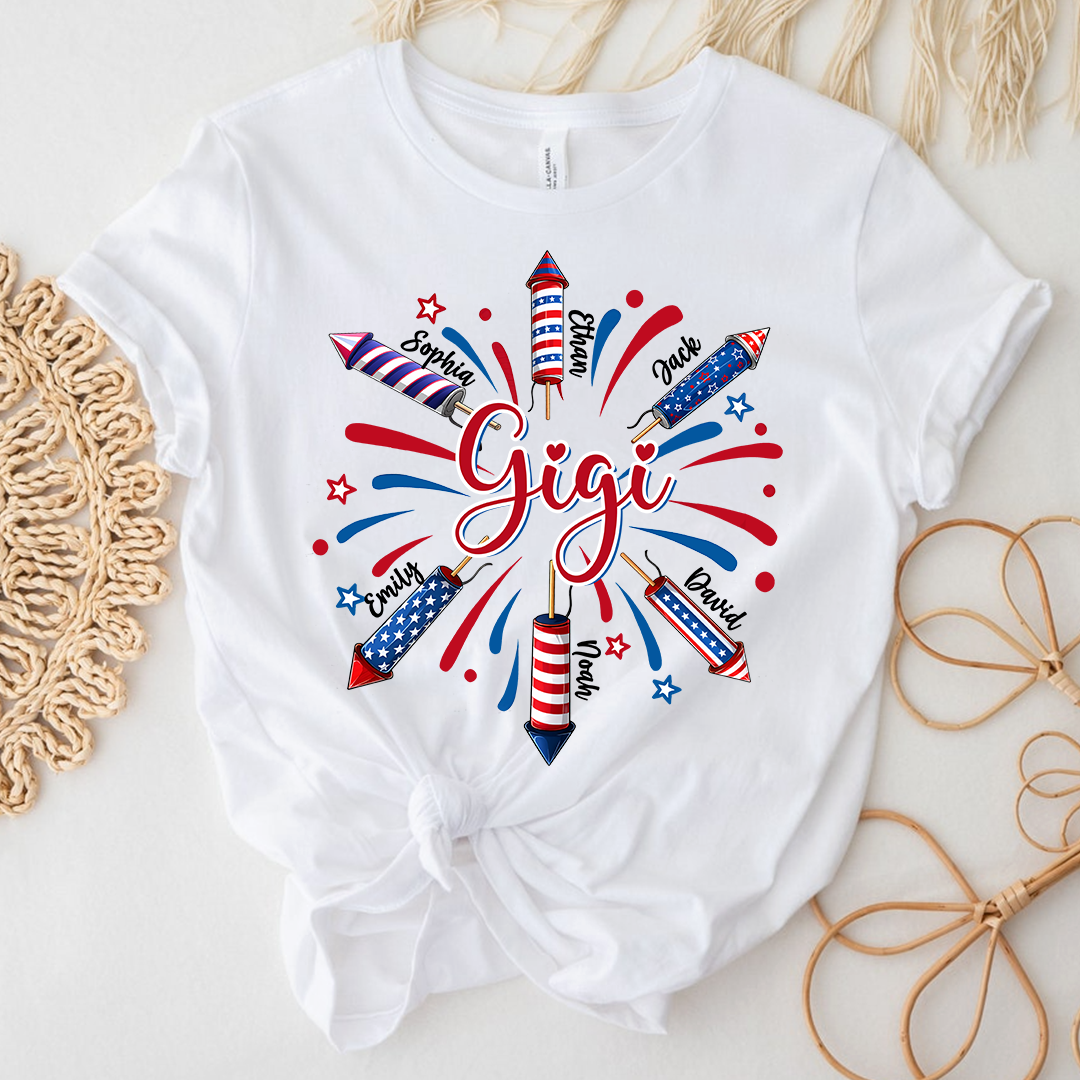 Personalized Gigi 4th July American Flag T-Shirt – Patriotic Independence Day Gift for Grandma, Custom Grandkids Names