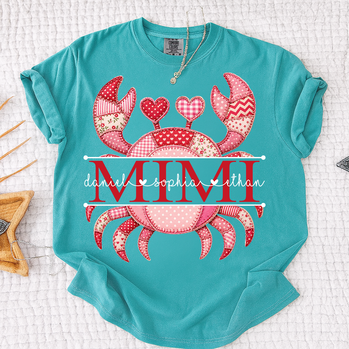 Patchwork Crab Design Mimi T-Shirt – Personalized Children’s Names Tee, Summer Beach Graphic for Grandma